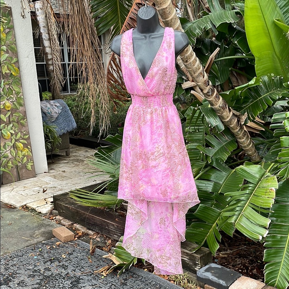 Jessica Taylor, pink animal print chiffon high low dress